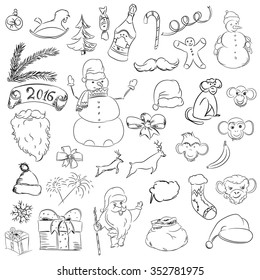 Set sketch things for christmas and new year. Vector santa claus and snowman and monkey and other things.Doodle collection gift and bow 