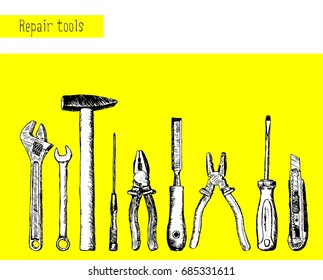 A set of sketch tools for repair. Hand-painted hammer, electrical tape, nippers, pliers, screwdriver, awl, chisel, clerical knife. Vector illustration. Instruments isolated on yellow background