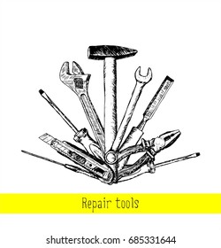 A set of sketch tools for repair. Hand-painted hammer, electrical tape, nippers, pliers, screwdriver, awl, chisel, clerical knife. Vector illustration. Instruments isolated over white background