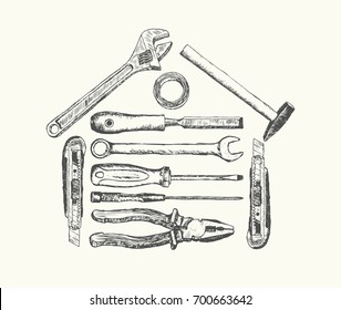 A set of sketch tools for repair. Hand-painted hammer, electrical tape, nippers, pliers, screwdriver, awl, chisel, clerical knife. Vector illustration. Instruments isolated over white background