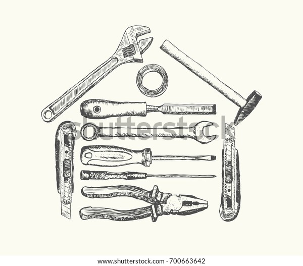 Set Sketch Tools Repair Handpainted Hammer Stock Vector (Royalty Free ...