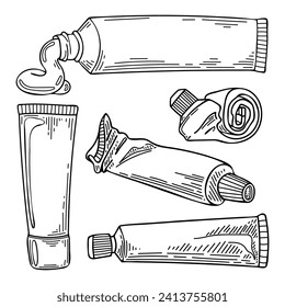 Set sketch toothpaste tubes. Dental hygiene. Hand drawn line art illustration.