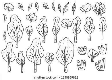 Set of sketch trees, leaves and bushes. Vector illustration of doodle style elements isolated on white background.
