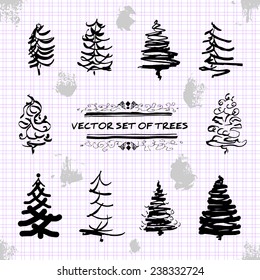 A set of sketch trees and stains against background with squares