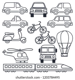 set of sketch various cute vehicle icons, land, sea,truck, car, bike, tire, Vespa, scooter, helicopter, bus, school bus, train. air. vector ilustrattion