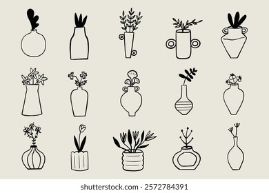 Set Sketch Vase with Flower and Plant. Whimsical Black Line Collection Different Pottery Clay Pot. Vector Hand Drawn Illustration