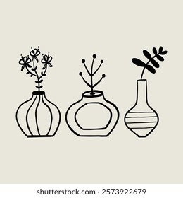 Set Sketch Vase with Flower and Plant. Whimsical Black Line Collection Different Pottery Clay Pot. Vector Hand Drawn Illustration