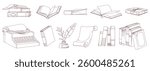 Set of sketch vector illustration of books, standing books, open book, quill, open scroll, old typewriter. Book lover, bookstore, library, writer concept.