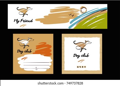 Set of sketch vector illustration. Dog club template logo. Hand-drawn image of dog. Text my friend. 