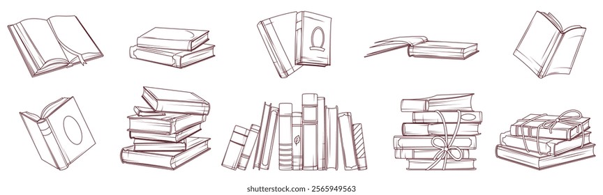 Set of sketch vector illustration of stack of books, standing books, open book. Book lover, bookstore, library concept.