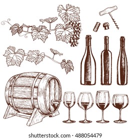 Set of sketch wine icons. Vector stock illustration.