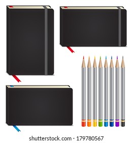 Set of sketchbooks, rainbow pencils - vector illustration
