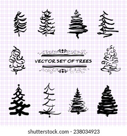 A set of sketch/doodle trees against background with squares