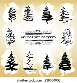 A set of sketch/doodle trees and set of stains against gold yellow background