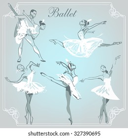 set with sketched beautiful  ballerina in ballet poses