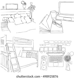 Set of sketched black and white interiors of rooms in doodle style. Vector set. Bedroom, laptop, frames
