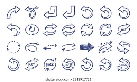 Set of sketched blue ink cycle arrows including back buttons return symbols and undo icons for interface design website navigation mobile app layout and creative workflow diagrams providing a organic feel for digital projects technical drawings and instructional manual.