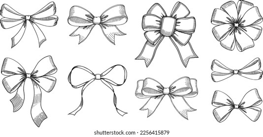 Set of sketched bow and ribbon. Hand drawn vintage line art vector illustration.You can change the line and ribbon collor on the vector deta.