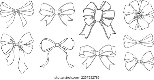 Set of sketched bow and ribbon. Hand drawn vintage line art vector illustration.You can change the line and ribbon collor on the vector deta.