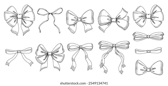 Set of sketched bow and ribbon. Hand drawn vintage line art vector illustration.