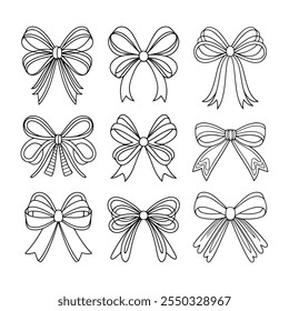 Set Of Sketched Bow And Ribbon. Hand Drawn Vintage Line Art Vector Illustration.