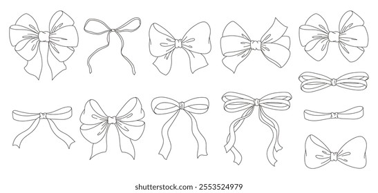 Set of sketched bow and ribbon. Hand drawn vintage line art vector illustration.You can change the line and ribbon collor on the vector deta.