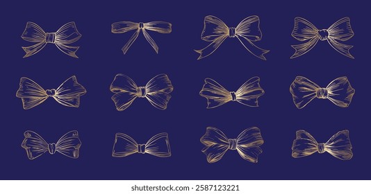 Set of sketched bow and ribbon. Hand drawn vintage line art vector illustration. Gold color.
