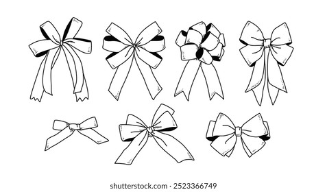 Set of sketched bow and ribbon, bow and ribbon in Hand-drawn style, elements for design card wedding celebration and birthday party decorations line art vector illustration