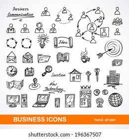 Set of sketched business icons on a white background