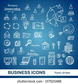 Set Of Sketched Business Icons On A Blue Print Background - Vector Illustration