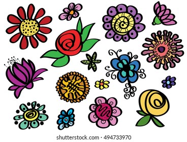 Set of sketched colour flowers