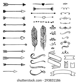 Set of sketched design elements. Arrows, swirls, feathers
