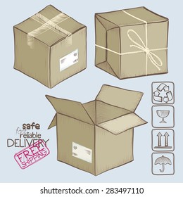 set of sketched design elements, package boxes and delivery symbols