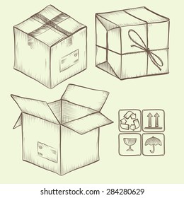 set of sketched design elements, package boxes and symbols