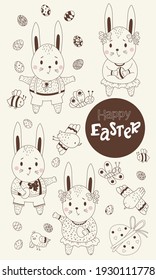 Set sketched easter. Cute bunnies girls and boys with Easter eggs in their paws, birds and butterflies and bees. Vector. Black line, outline. Cute decorative drawings for Happy Easter
