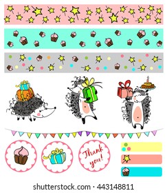 set of sketched  elements for birthday parties with cute cartoon hedgehogs holding cakes and presents. Hand drawn Vector illustration