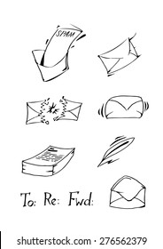 Set of sketched hand draw icons. Mail theme. Vector illustration.