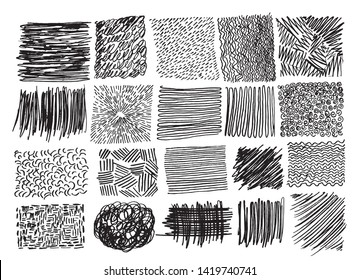 Set of Sketched Handwritten Black Pencil Doodle Rectangle Textures. Vector Illustration of Hand Drawn cribble Frames Isolated on White Background