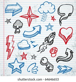 Set of sketched icons and shapes on notepad background