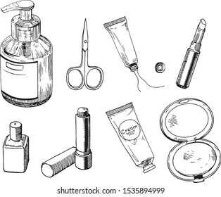 Set of sketched makeup products.
Vector hand drawn sketches isolated on white. Pen drawing with hatching.
