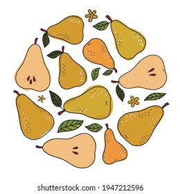conjunto de peras esbozadas y hojas aisladas en fondo blanco para impresiones, pegatinas, diseño de producto Ilustración de frutas. EPS 10