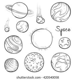 set of sketched planets and space objects, design elements