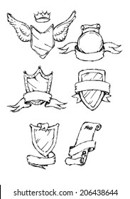 Set of sketched shields with ribbon for text. Vector illustration. Vector illustration.