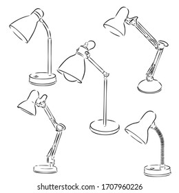 Set of sketched table lamps with lampshades. Vector illustration. Set of isolated black contoured objects on white background. table lamp vector sketch illustration