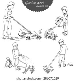 Set of sketches about garden work: boys are watering some plants with a water can and a hose, a boy is raking soil, a woman is mowing the lawn with a lawnmower. Vector illustration.