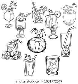 set sketches of alcoholic drinks, cocktails, black and white image on white background, hand drawing style, vector illustration