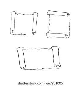 Set of sketches of ancient scroll, isolated on white background. 