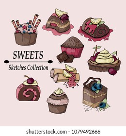 Set of sketches baking, sweets, desserts,  with sample text, colorful  image on light pink background, hand drawing style, vector illustration