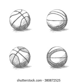 Set of sketches of basketball balls on a white background