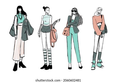 Set of Sketches of beautiful and diverse female fashion outfits. designer and costume design on white background, vector illustration